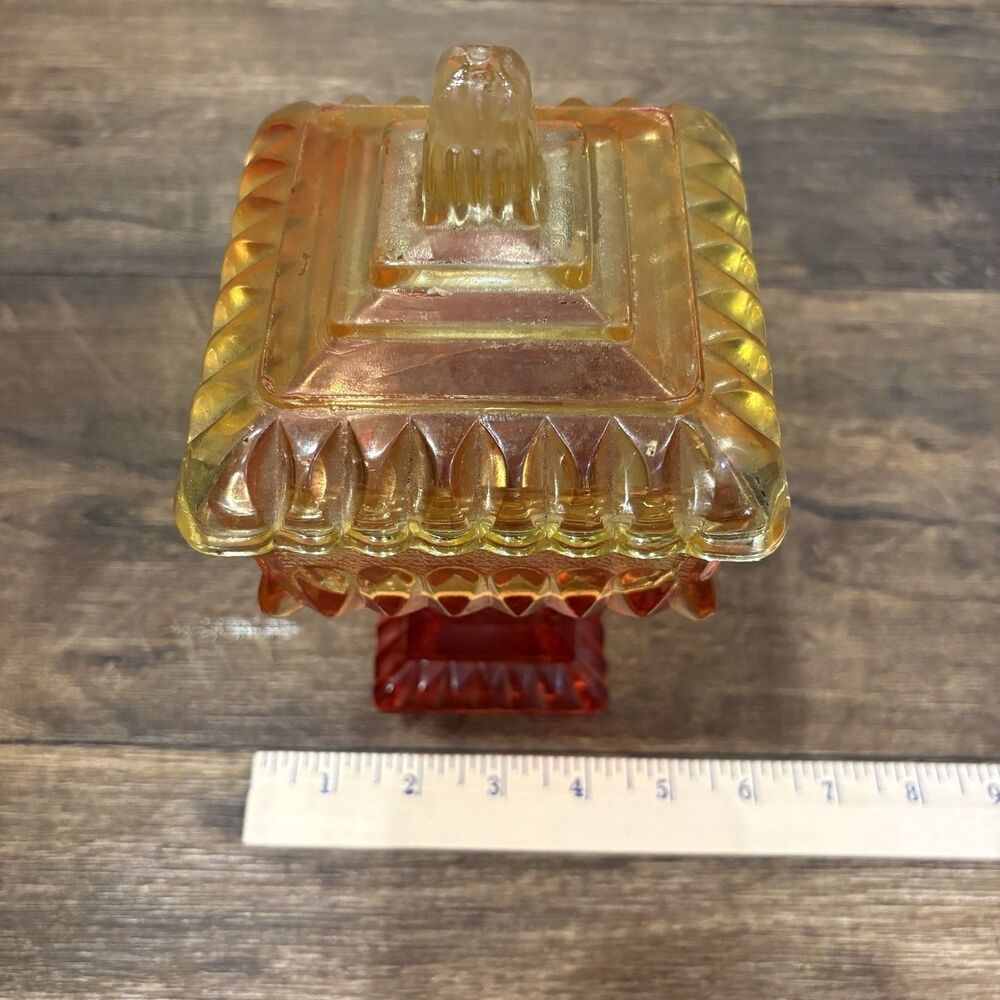Vintage Amberina Glass Covered Pedestal Square Wedding Box Dish 8.5" - Picture 7 of 8